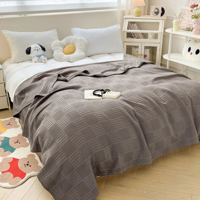 Manta de Algodón 100% Suave Transpirable de Waffle para Cama Twin Queen King Manta Decorativa a Cuadros para Sofá Mantas Ligeras de Verano