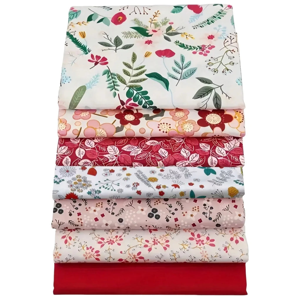 7-Piece Red Floral Cotton Patchwork Fabric Bundle