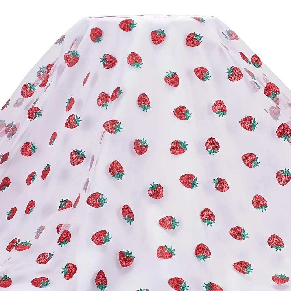 Strawberry Floral Print Tulle Mesh Lace Fabric – 100% Nylon, 100×150cm – For Dresses, Bridal & DIY Clothing