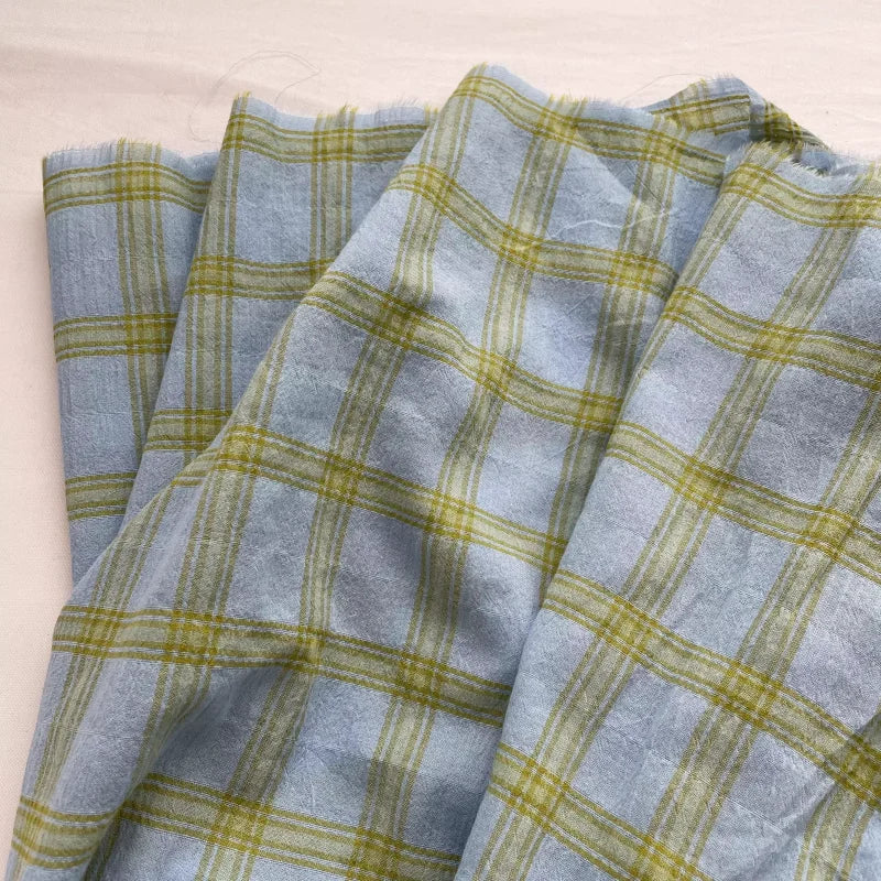 Blue and green mixed color woven checkered wrinkled cotton fabric for shirt dress diy fabric