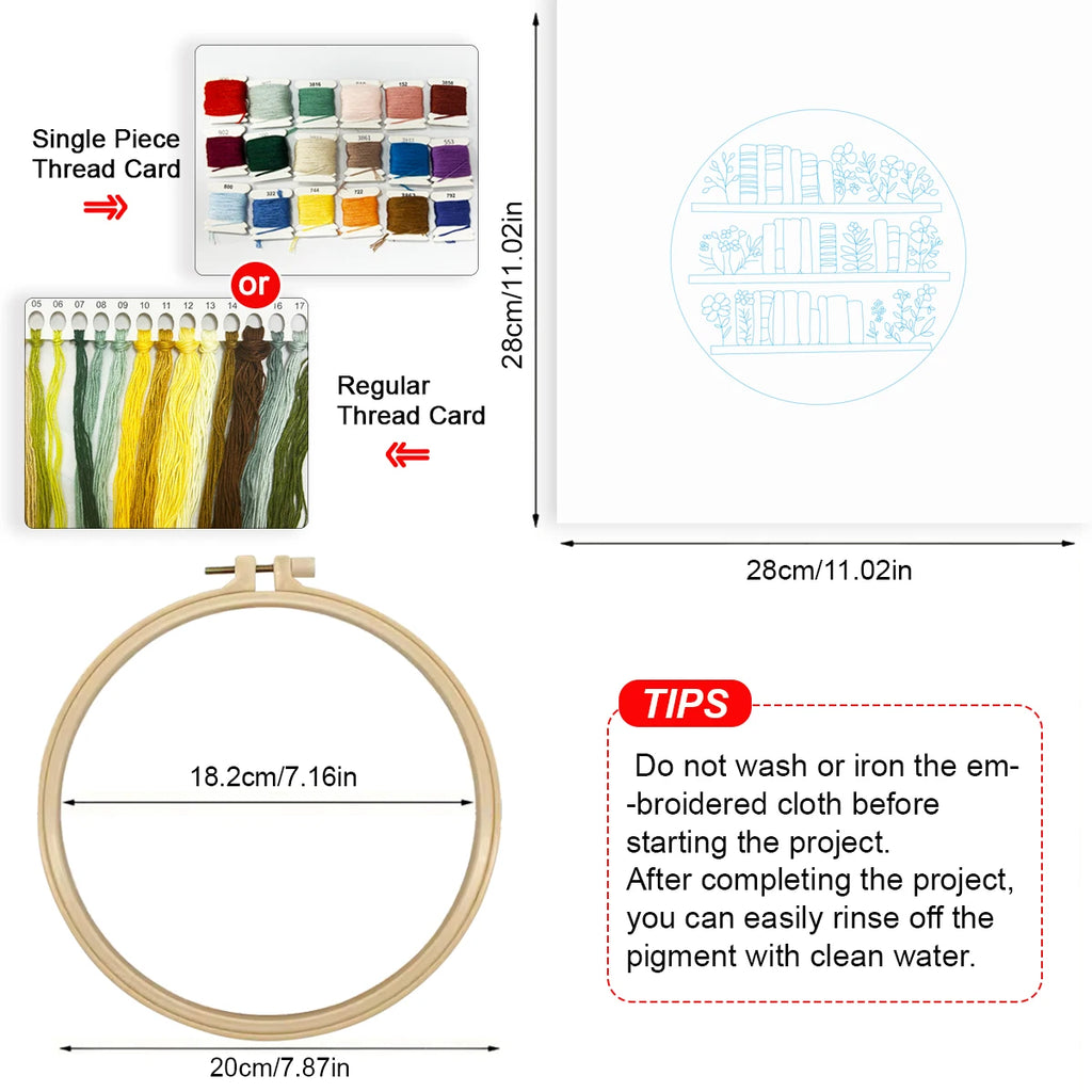 Bookshelf Embroidery Kit — 20×20cm, Beginner-Friendly DIY Needlework