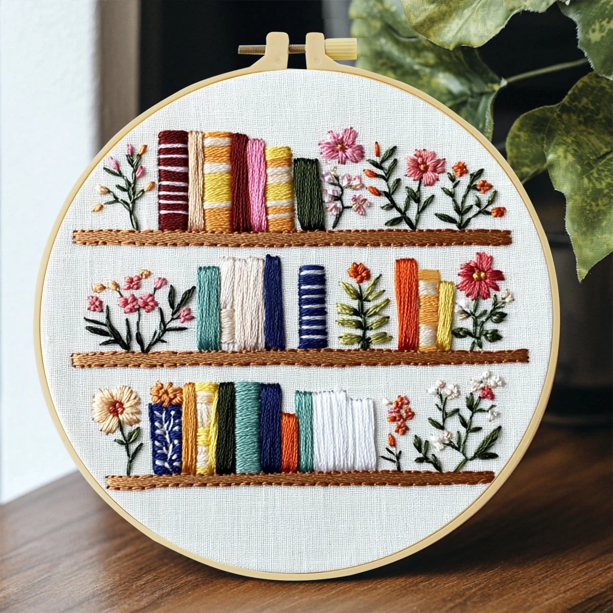 Bookshelf Embroidery Kit — 20×20cm, Beginner-Friendly DIY Needlework