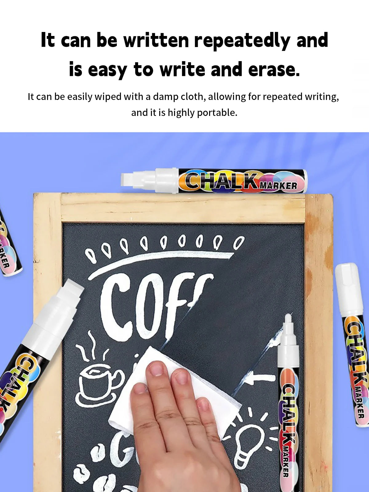 White Liquid Chalk Marker Pen – Erasable, Water-Based, 5 Tip Sizes