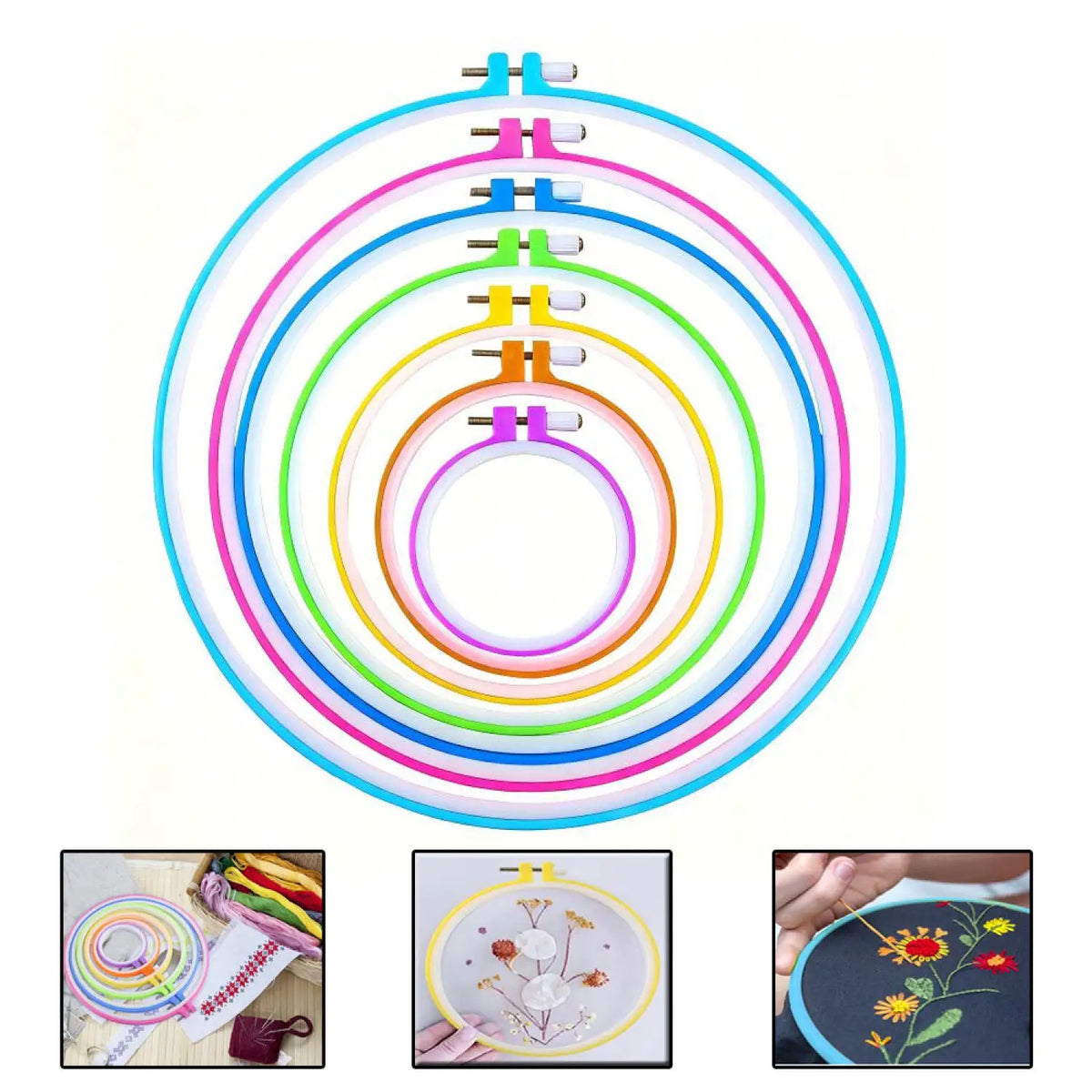Color-Coded Plastic Embroidery Hoops – 7 Sizes