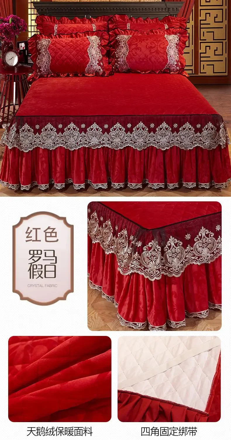 Lace Plush Quilted Bed Skirt – European Style Anti-Slip Mattress Cover | 45 cm Drop