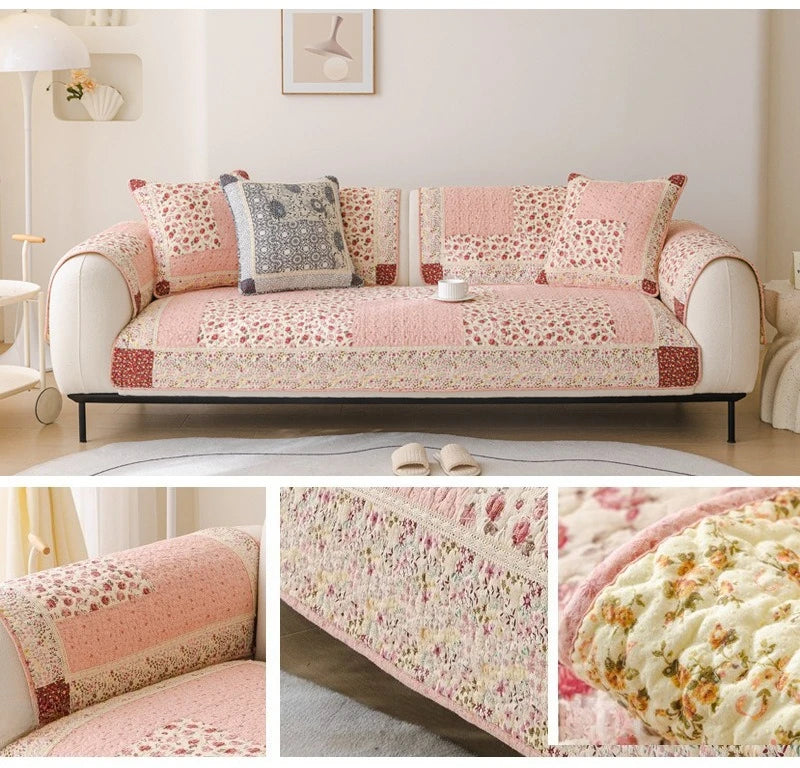100% Cotton Quilted Sofa Cover – Anti-Slip Patchwork Floral Slipcover