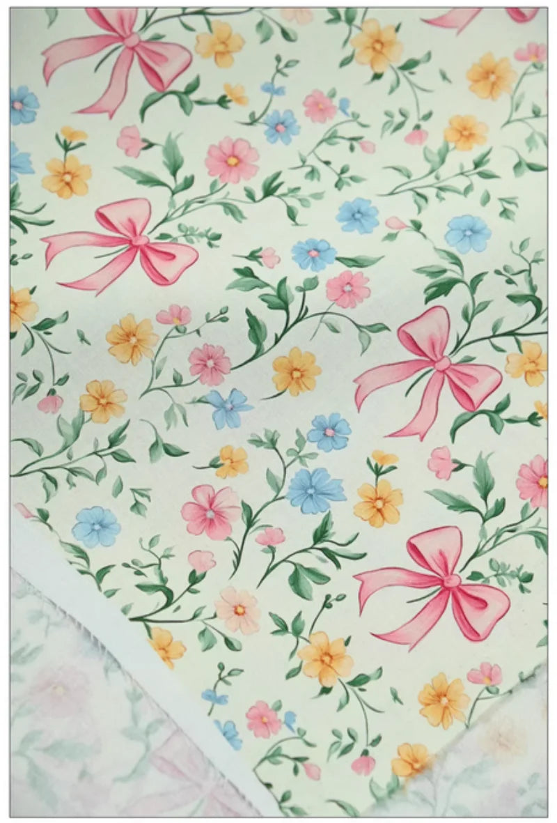 Bowknot & Flower Print 100% Cotton Fabric – 110cm Wide for Bags, Shirts, Quilting & DIY