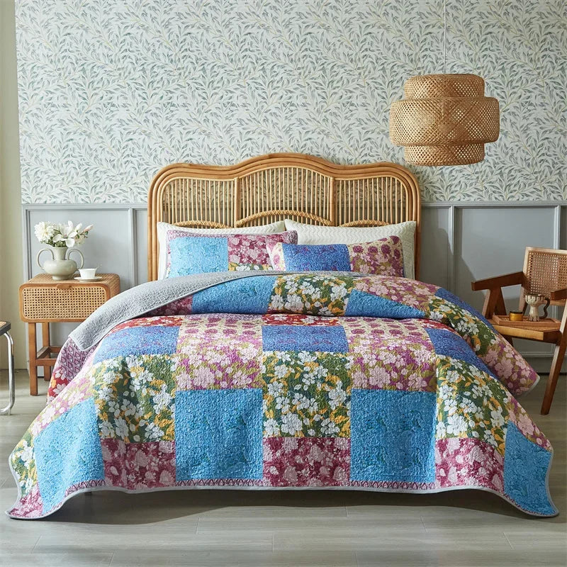 3-Piece Cotton Quilted Bedspread Set – Soft Pastoral Print | Bedsheet & 2 Pillowcases | 4 Sizes, 6 Colors