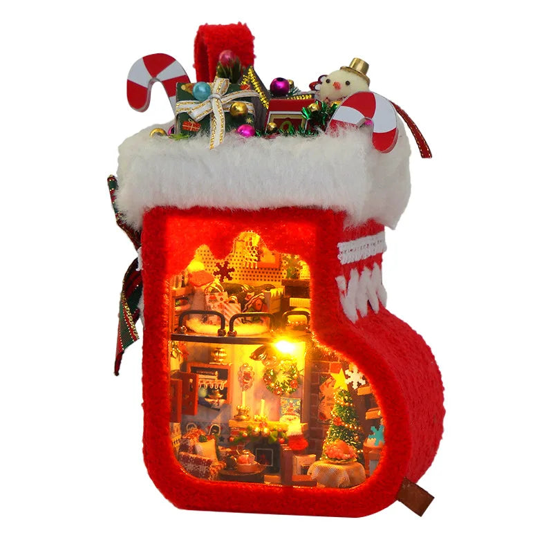 DIY Wooden Christmas Stocking Dollhouse Kit – LED Lights & Furniture Included | Miniature Model