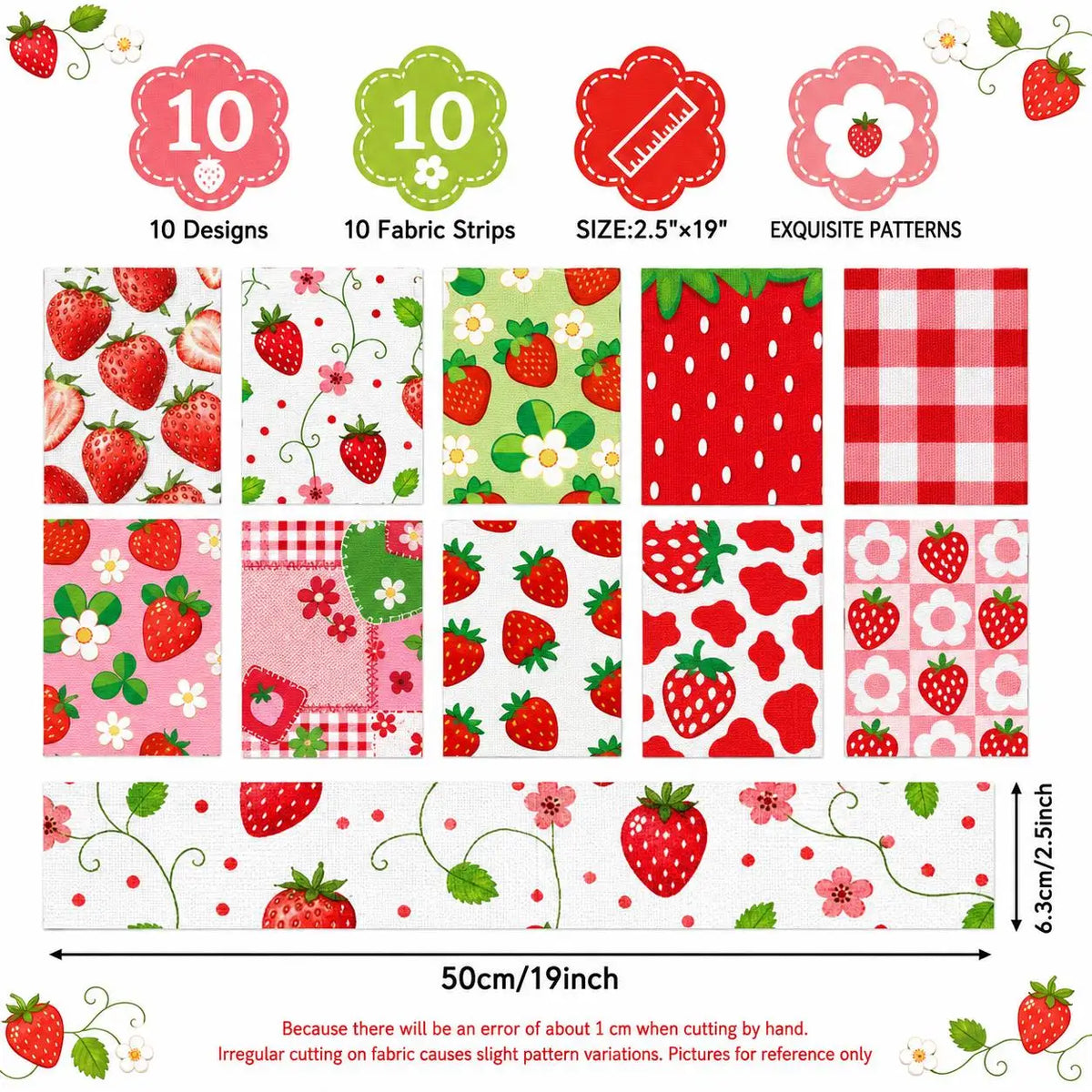 10 Pcs Strawberry Print Jelly Roll Fabric Strips – 2.5" Precut Quilting Bundle
