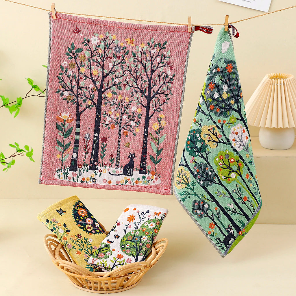 Forest Pattern 4-Layer Cotton Gauze Hand Towels – Set of 4, Quick-Dry & Water-Absorbent – For Kitchen, Dining & Cleaning