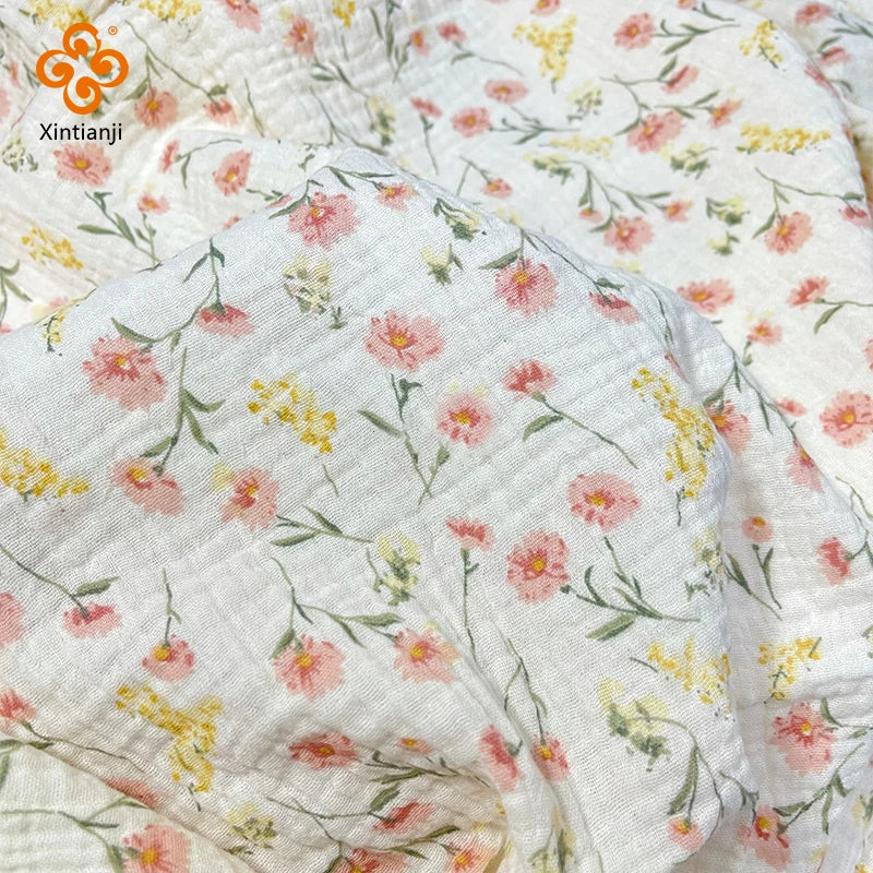 Pink Floral Print Double-Layer Gauze 100% Cotton Fabric — 135cm Wide