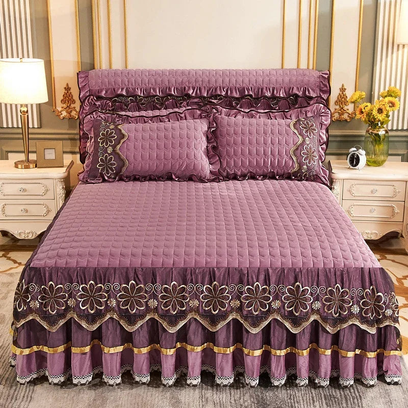 Luxury Crystal Velvet Quilted Bedspread – King & Queen Flannel Bed Skirt