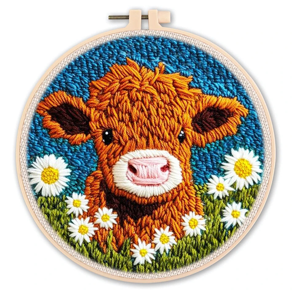 Punch Needle Embroidery Starter Kit – Animal Pattern | 20×20cm (7.8") with Hoop & Yarn