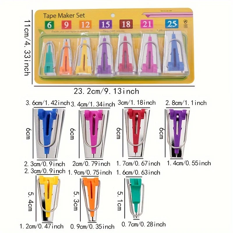 7-Size Bias Tape Maker Set with Binding Roller, Hemming Guide & Presser Foot