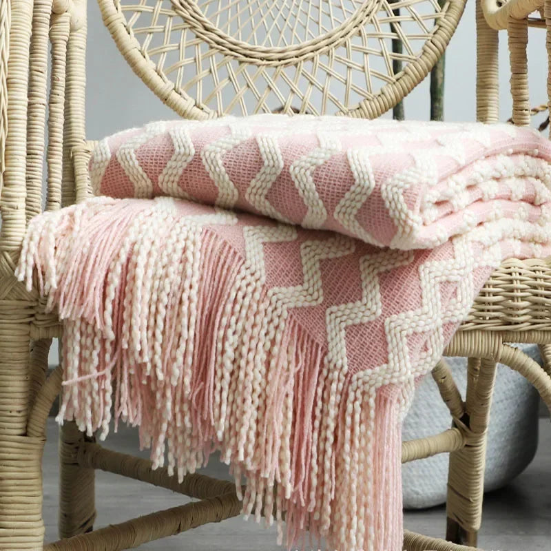 Nordic Knitted Throw Blanket with Tassels — Soft Acrylic Sofa & Bed Cover in 8 Colors