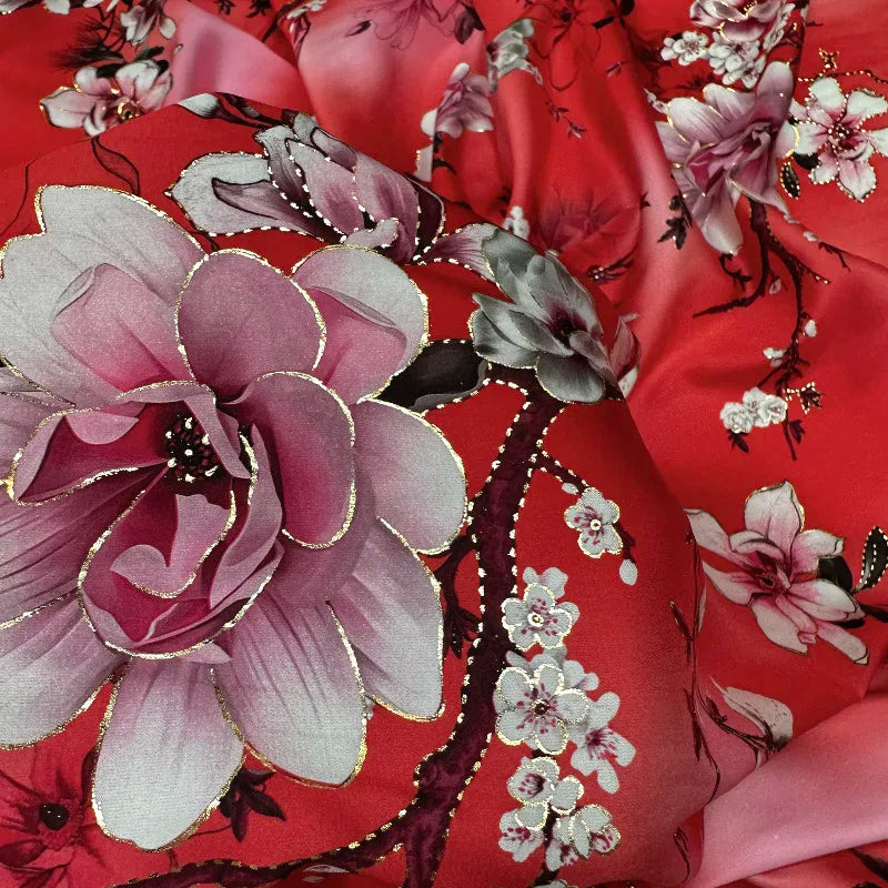 Red Floral Foil Print Satin Fabric – Silky 100% Polyester, 150cm Wide – For Dresses, Gowns & DIY Décor