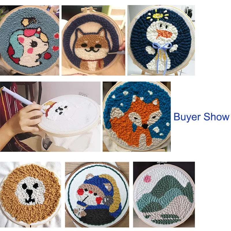 Punch Needle Embroidery Starter Kit – Animal Pattern | 20×20cm (7.8") with Hoop & Yarn
