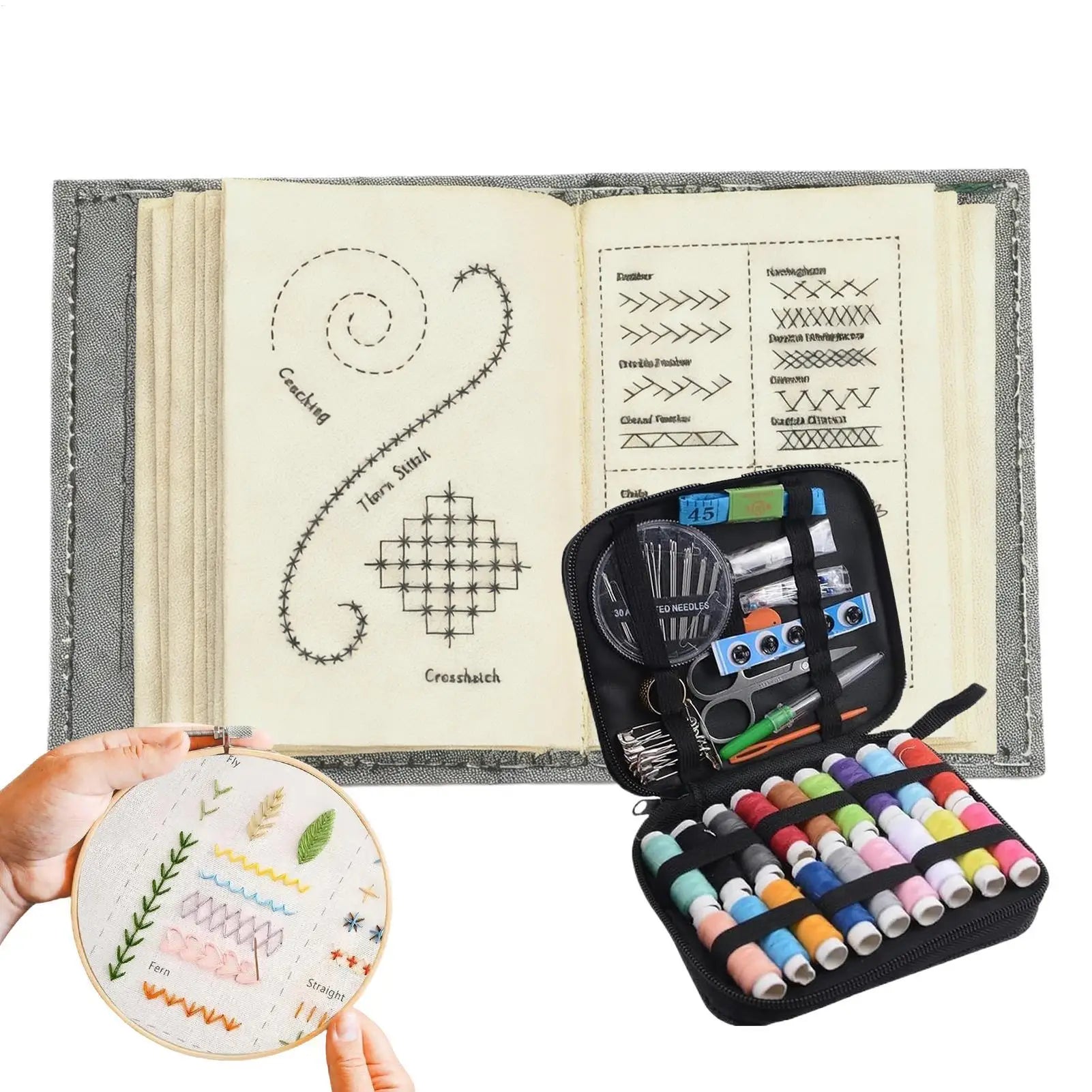 Chinese Style Embroidery Stitches Book Set – Hoop, 50-Color Threads & 10-Page Stitch Atlas
