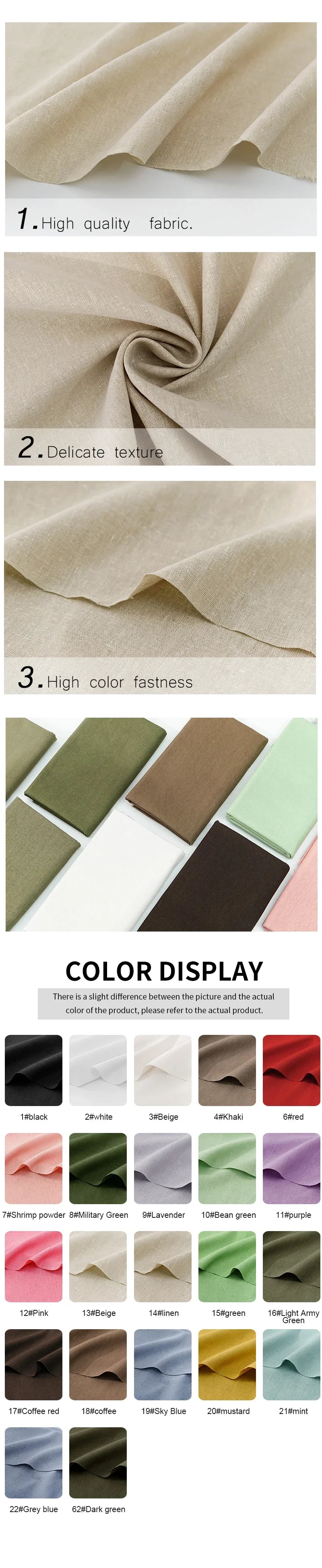 0.5m/1m/2m Pure Color Faux Cotton Linen Fabric Soft for DIY Clothing Curtain Storage Bag Home Textile Tablecloth Sewing Fabric