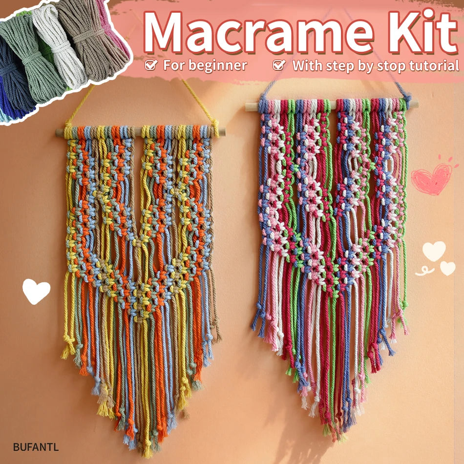 Colorful Macramé Wall Hanging Kit – DIY Beginner Craft, 5-Color Polyester Cord + Wood Dowel