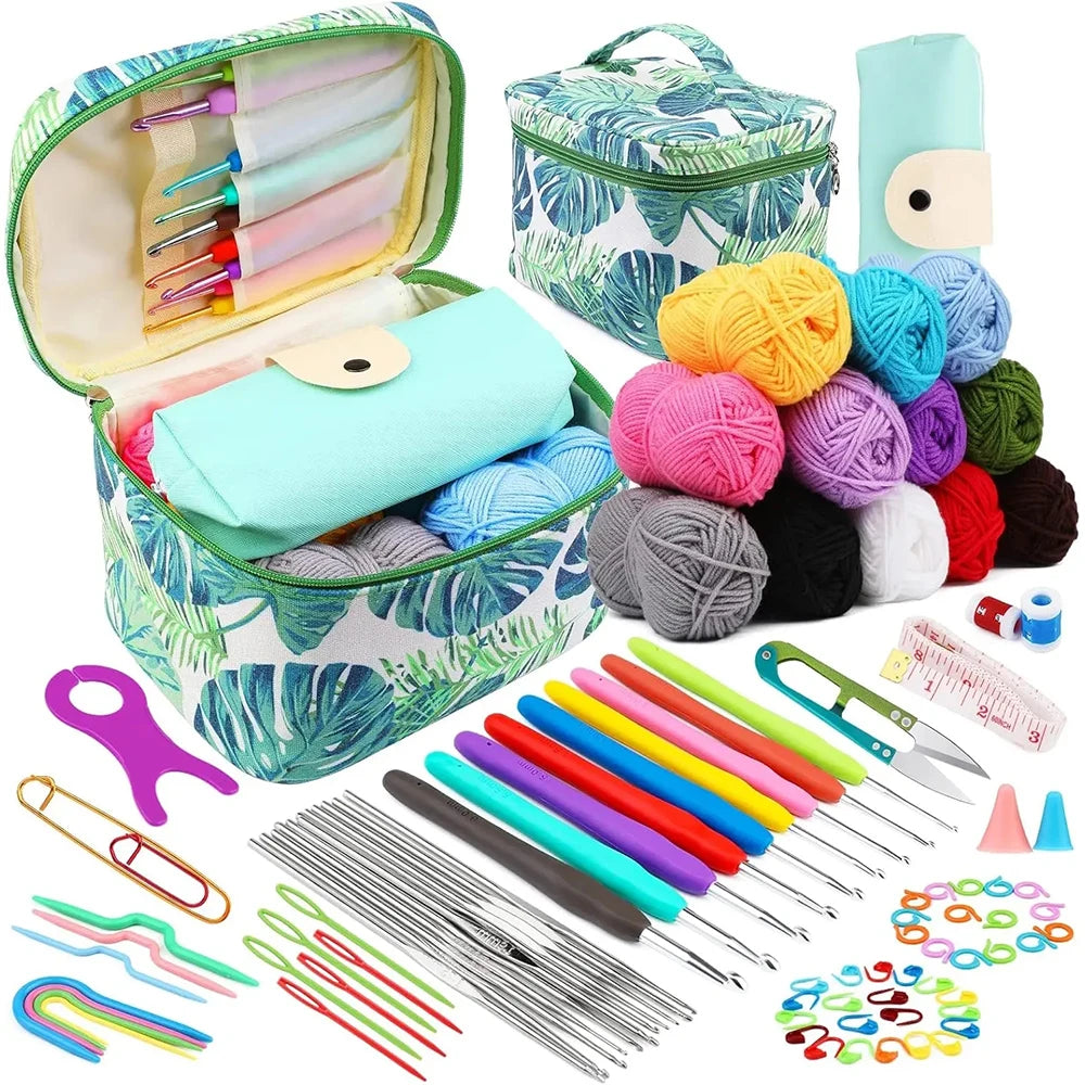 Juego de ganchillos ergonómicos y kit para principiantes — Lana, agujas de acero y suministros de tejido | 8 tipos