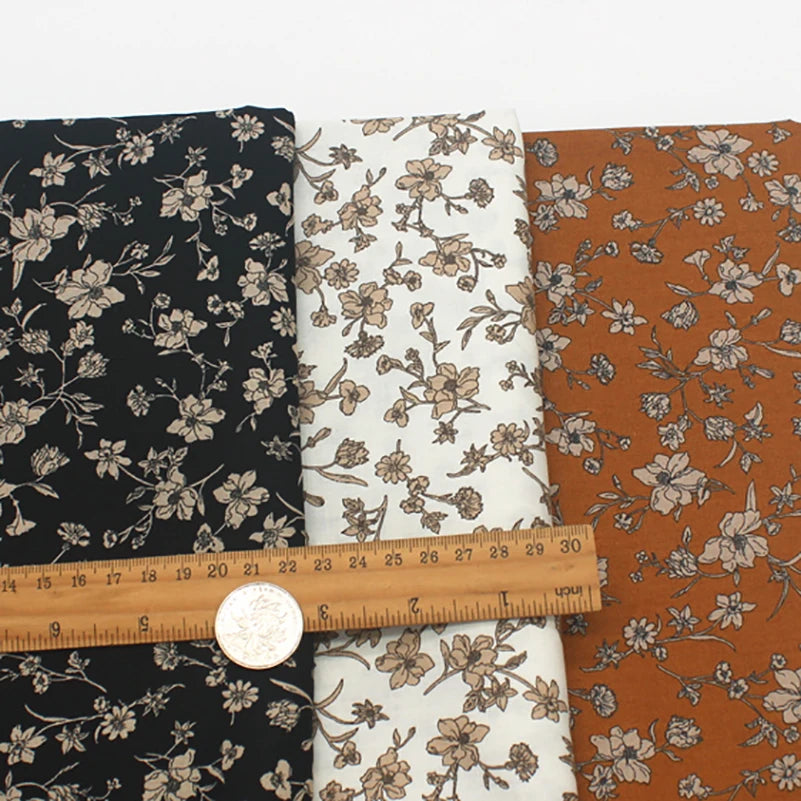 Small Floral Cotton Poplin Fabric – 100% Cotton, 147cm Wide, Sold by Half Meter – Black, White & Brown