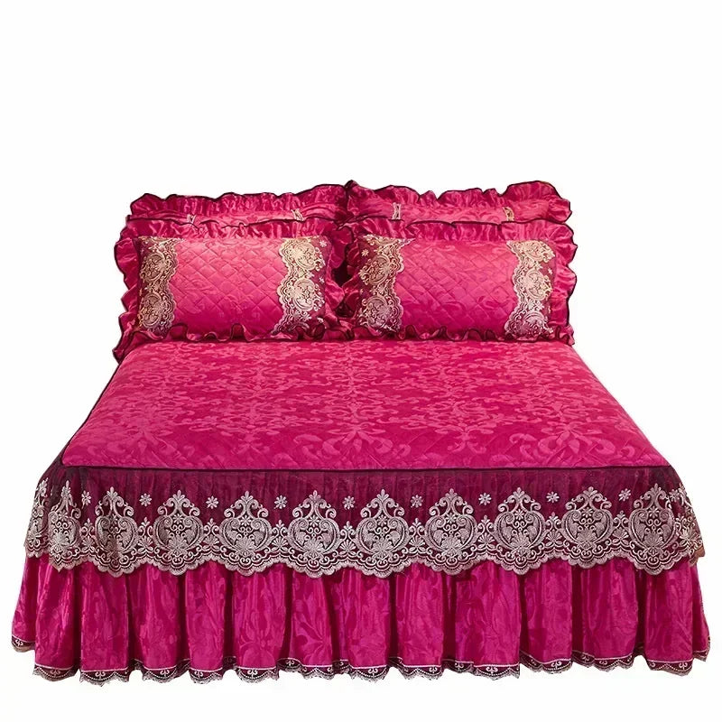 Lace Plush Quilted Bed Skirt – European Style Anti-Slip Mattress Cover | 45 cm Drop