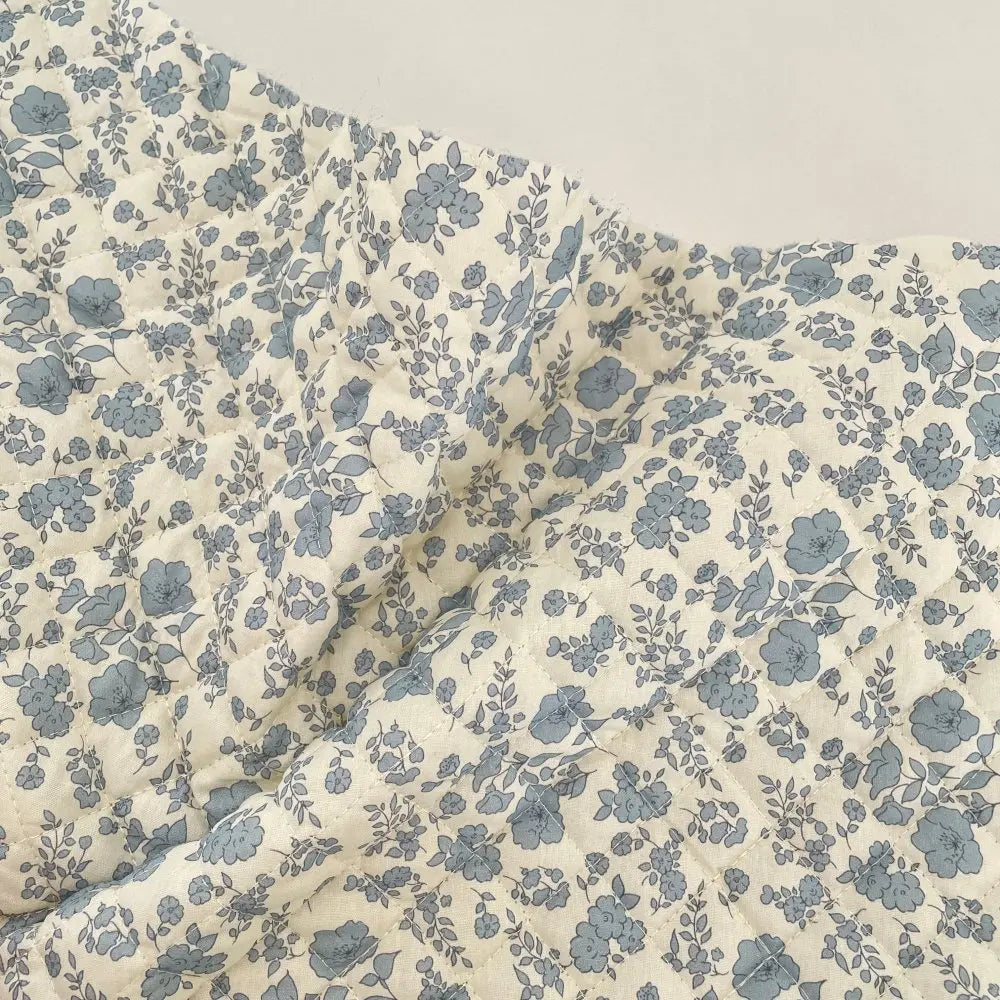 Forest Style Quilted Blue Floral Fabric – 53" Wide Soft Thick Outerwear Fabric, Sold by the Meter