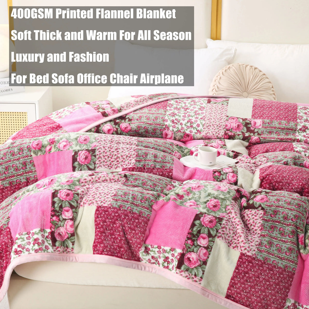 Flannel Throw Blanket – Pink Flower Plaid Patchwork Pattern | Soft & Warm | 5 Sizes