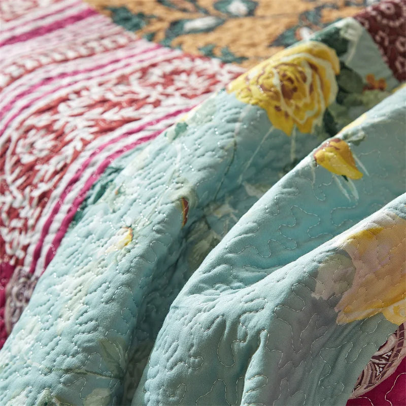 3-Piece Cotton Quilted Bedspread Set – Soft Pastoral Print | Bedsheet & 2 Pillowcases | 4 Sizes, 6 Colors