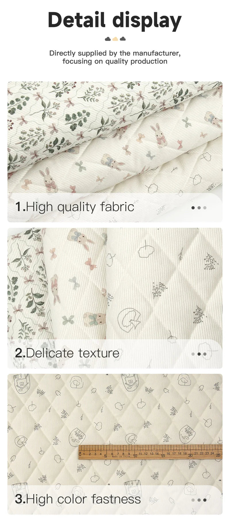 Rabbit & Tree Print Corduroy Fabric – 150cm Wide, Quilted Cotton Blend, 0.5m / 1m / 2m