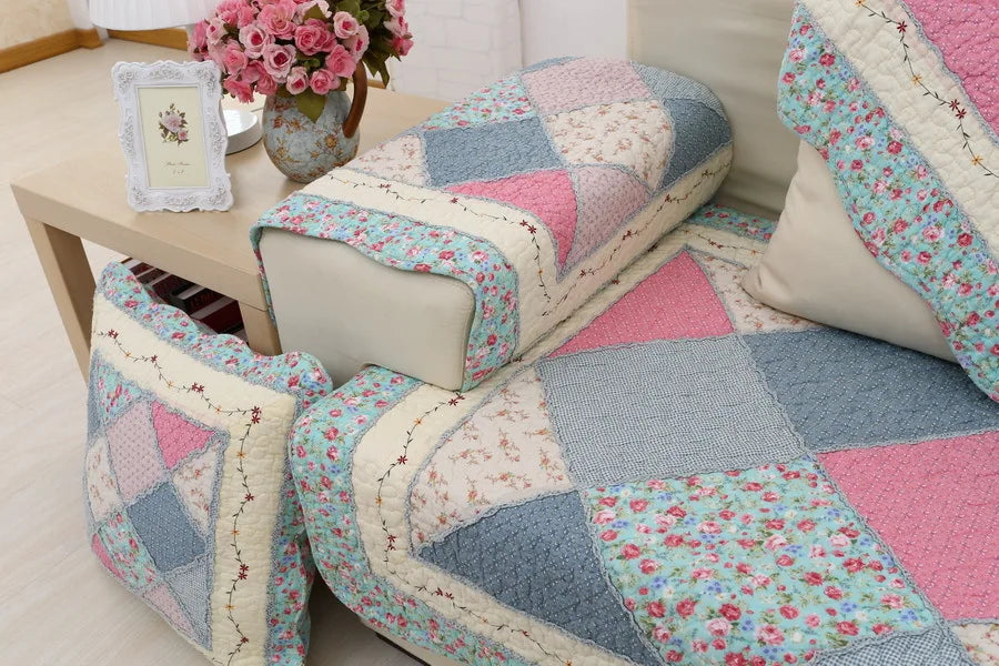 100% Cotton Quilted Sofa Cover – Anti-Slip Patchwork Floral Slipcover
