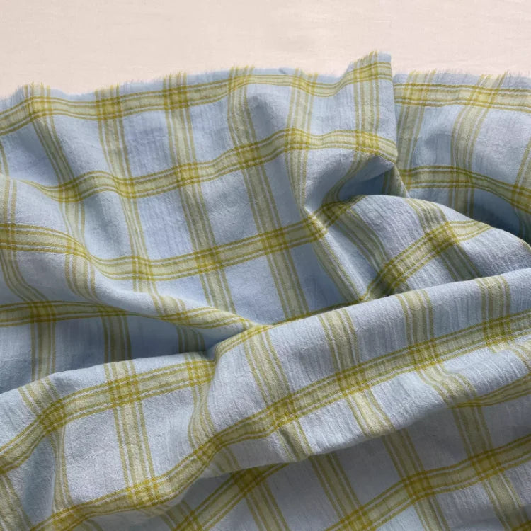 Blue and green mixed color woven checkered wrinkled cotton fabric for shirt dress diy fabric