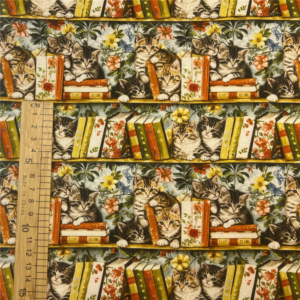 Bookshelf, Flowers & Cats Printed Cotton Fabric — 145cm Wide, 240gsm