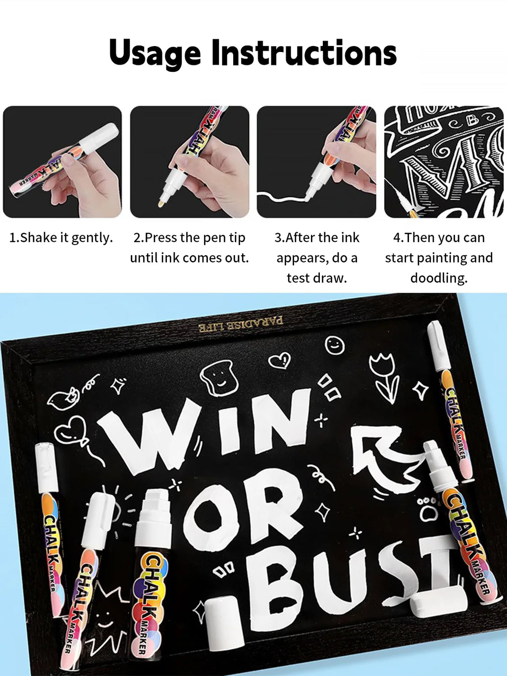 White Liquid Chalk Marker Pen – Erasable, Water-Based, 5 Tip Sizes