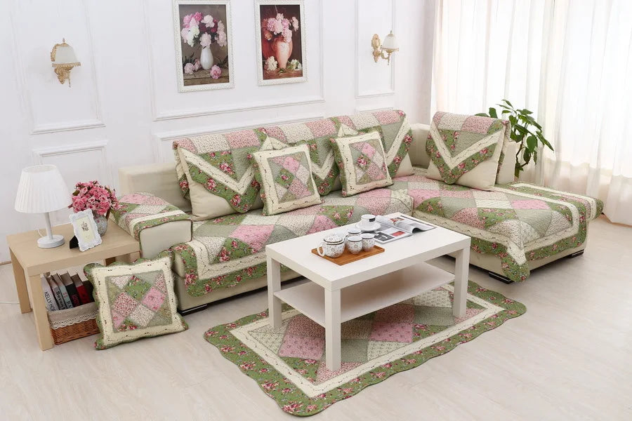 100% Cotton Quilted Sofa Cover – Anti-Slip Patchwork Floral Slipcover