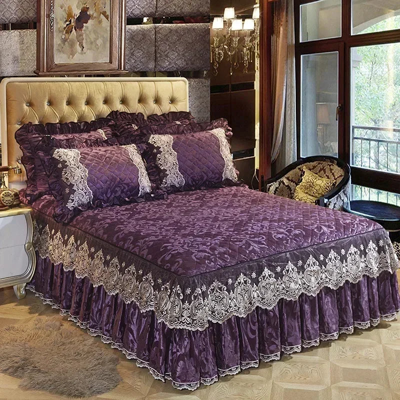 Lace Plush Quilted Bed Skirt – European Style Anti-Slip Mattress Cover | 45 cm Drop