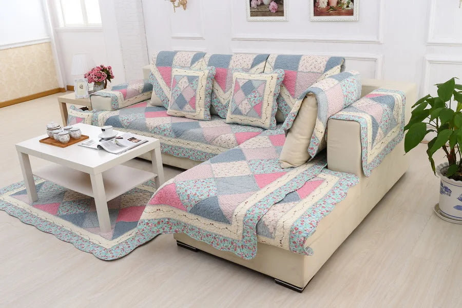 100% Cotton Quilted Sofa Cover – Anti-Slip Patchwork Floral Slipcover