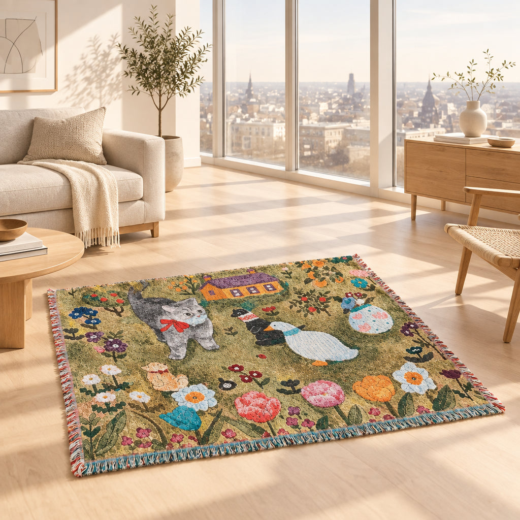Whimsical Cat & Animal Jacquard Throw Blanket — Polyester-Cotton Blend