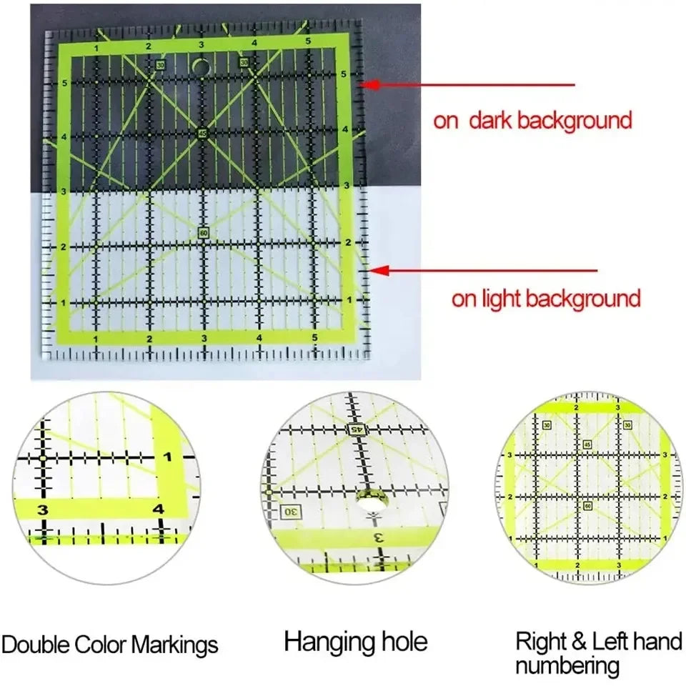 Acrylic Square Quilting Ruler with Non-Slip Rings & Hanging Hole – 4 Sizes Available