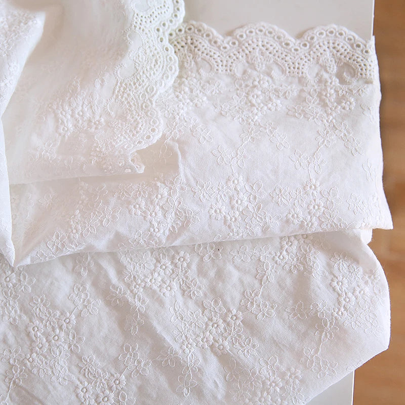White Small Flower Embroidered 100% Cotton Fabric — 135cm Wide