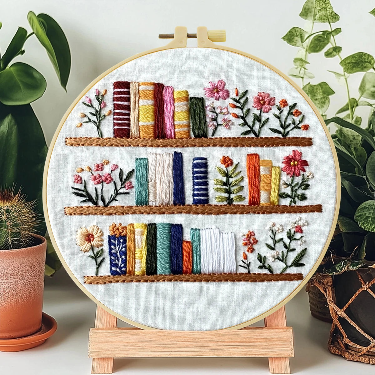 Bookshelf Floral Embroidery Kit – 20x20cm DIY Starter Set for Adults & Beginners