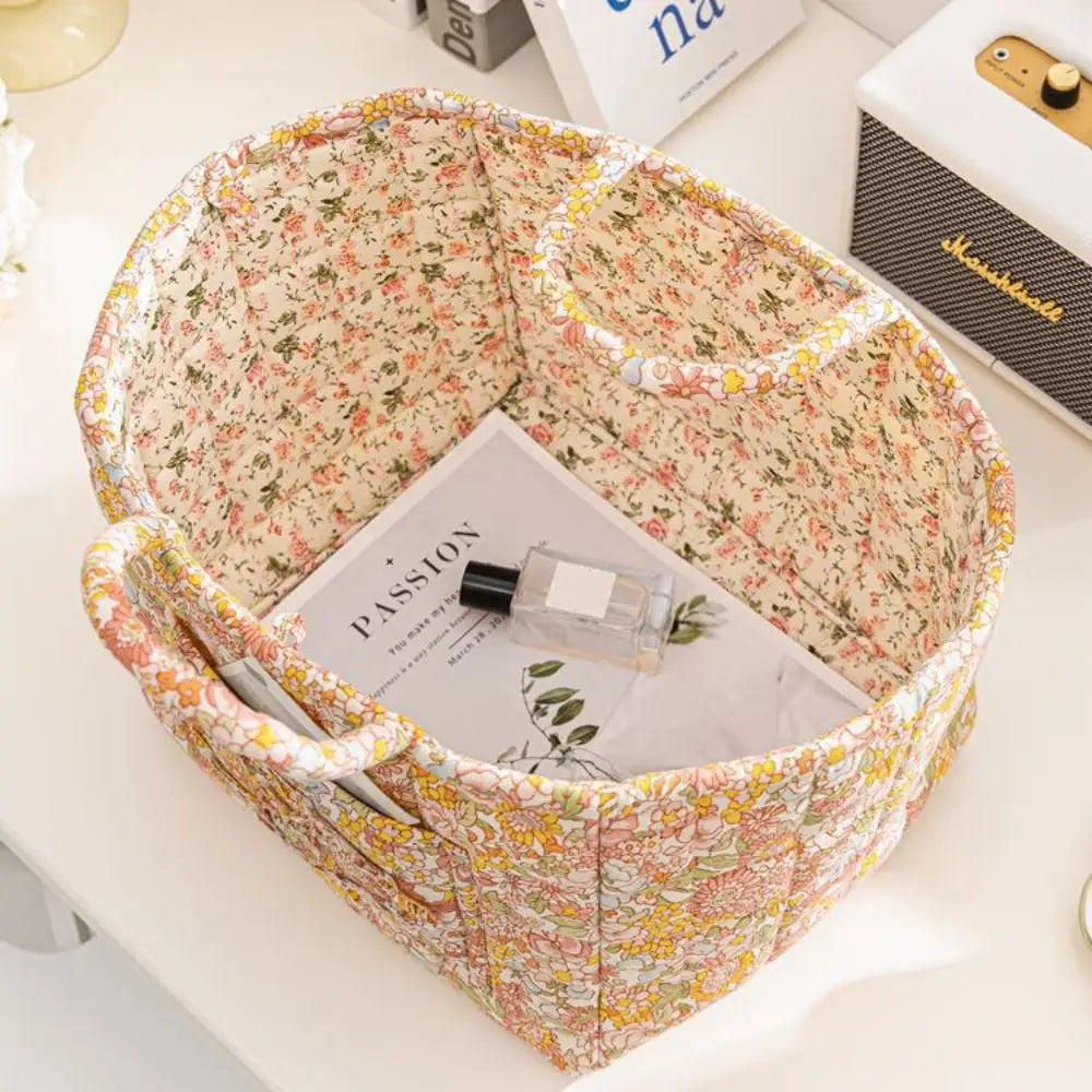 Floral Fabric Storage Basket – Collapsible Quilted Design with Handles, 33×27×26cm – For Laundry, Toys & Home Organization