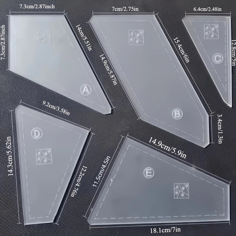 5-Piece Acrylic Quilting Ruler Template Set - DIY Patchwork & Cutting Templates