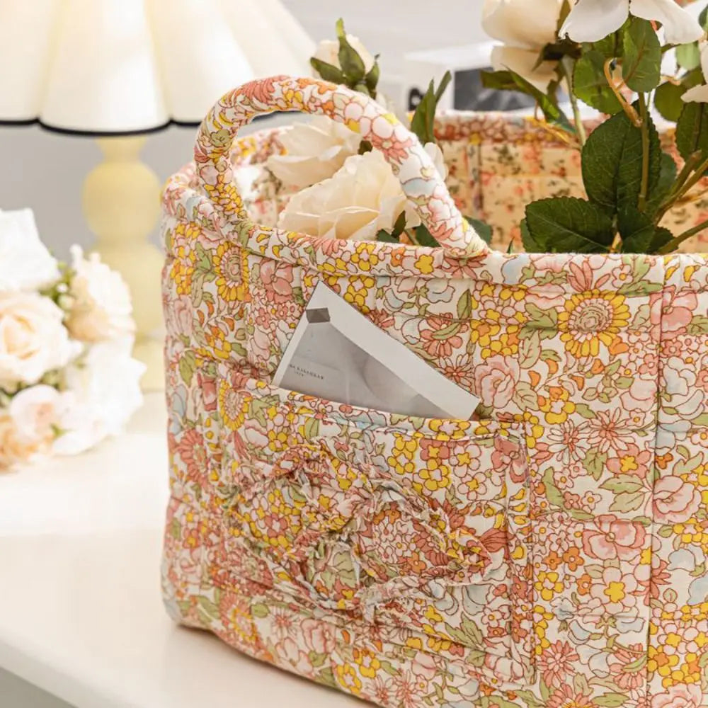 Floral Fabric Storage Basket – Collapsible Quilted Design with Handles, 33×27×26cm – For Laundry, Toys & Home Organization
