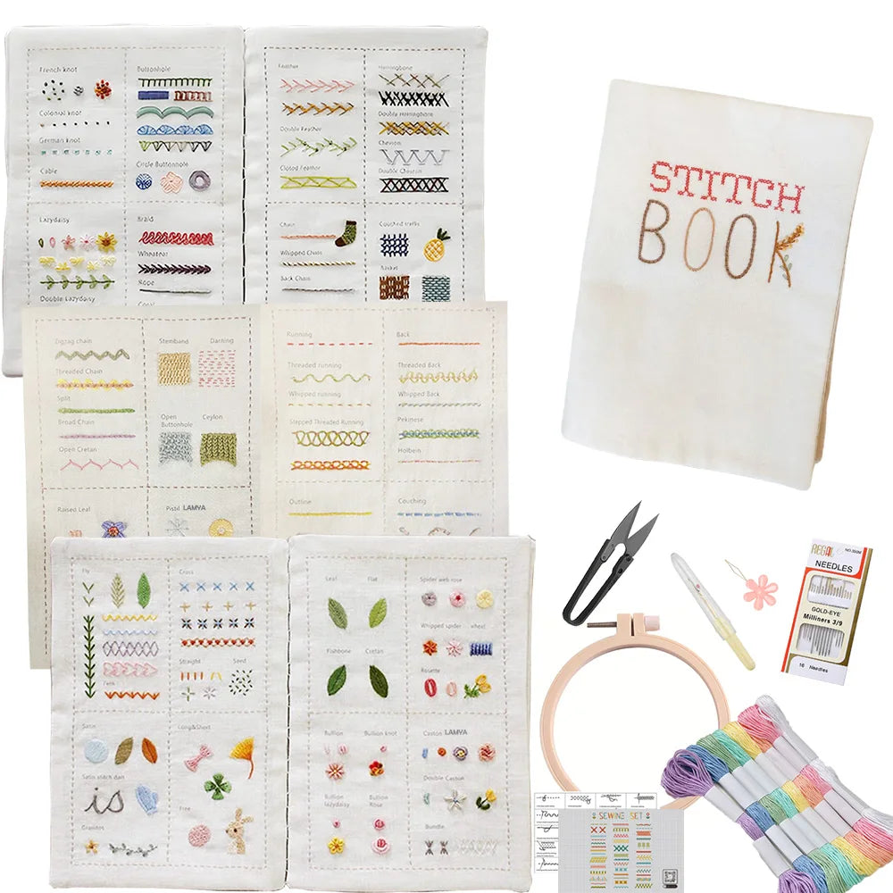 Creative Embroidery Stitches Book for Beginners – Step-by-Step Hand Embroidery Kit with Floral Linen Canvas