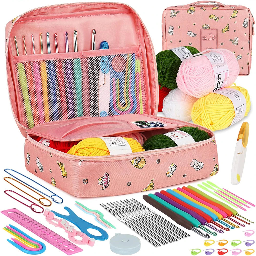 Juego de ganchillos ergonómicos y kit para principiantes — Lana, agujas de acero y suministros de tejido | 8 tipos