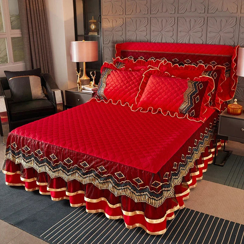 Luxury Crystal Velvet Quilted Bedspread – King & Queen Flannel Bed Skirt