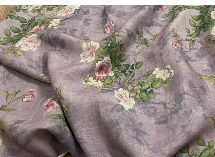 Purple Floral Print 100% Ramie Fabric | 138cm Wide | Summer Sewing & Quilting